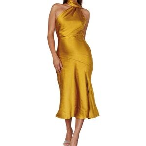 Selfie Leslie Italian Summer Tie Neck Midi Dress Mustard Yellow